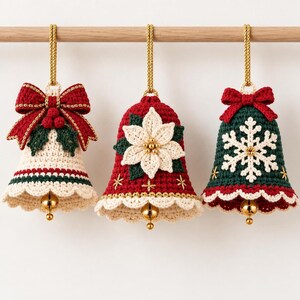 Evergreen crochet Christmas bell ornament featuring an ivory snowflake, red bow, gold details and hanging jingle bell.