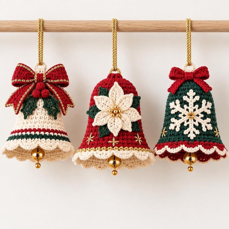 Evergreen crochet Christmas bell ornament featuring an ivory snowflake, red bow, gold details and hanging jingle bell.