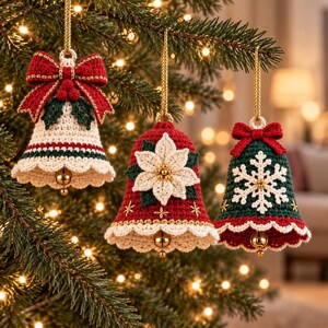 Ivory crochet Christmas bell decorated with a large red bow, green holly leaves, berries and scalloped edging.