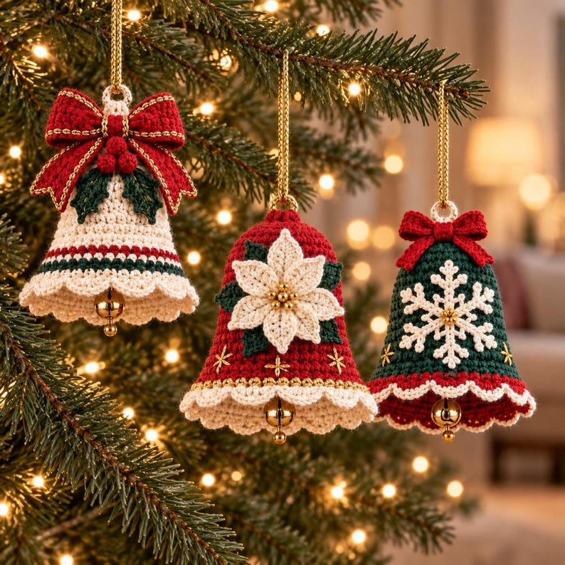 Ivory crochet Christmas bell decorated with a large red bow, green holly leaves, berries and scalloped edging.