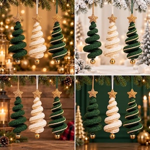 A composite image showing four variations of three crocheted spiral Christmas tree ornaments hanging together, featuring green and off-white trees with gold stars at the top and small gold bells at the bottom against festive holiday backgrounds.
