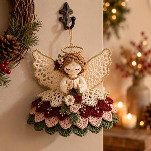 A crochet angel ornament hangs from a wall hook against a festive backdrop with a wreath and glowing candles.