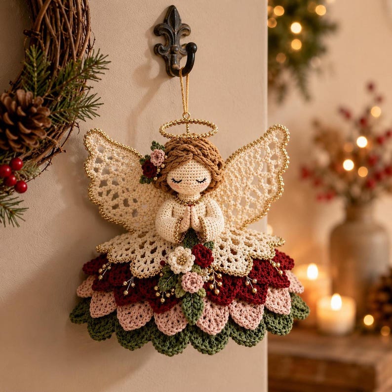 A crochet angel ornament hangs from a wall hook against a festive backdrop with a wreath and glowing candles.