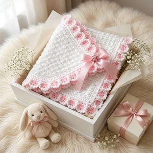 Baby Blanket Pattern, Crochet PDF with Pink Floral Scalloped Border