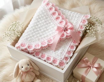 Baby Blanket Pattern, Crochet PDF with Pink Floral Scalloped Border