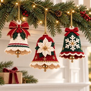 Three hanging Christmas bell crochet patterns featuring holly bow, ivory poinsettia and snowflake decorations.