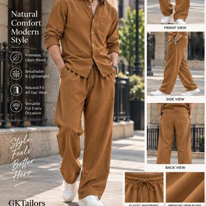 Men's Linen Blend Shirt & Trouser Set, Relaxed Fit Resort Wear