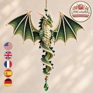 Dragon Crochet Wind Spinner Pattern PDF, Verdant Wyvern Spiral Decor, Fantasy Garden Hanging Ornament, Advanced Crochet Project