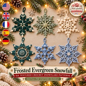 Crochet Snowflake Pattern Bundle PDF, 6 Textured Christmas Ornaments, Evergreen Lace Tree Garland Decor