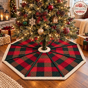 May include: A crocheted Christmas tree skirt featuring a red, dark green, and brown buffalo plaid pattern. The octagonal mat has a cream-colored crocheted border and a central opening, positioned beneath a decorated Christmas tree.