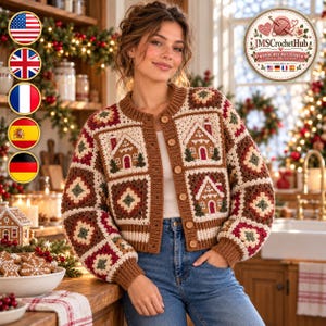 May include: A long-sleeve crochet cardigan featuring a patchwork design of gingerbread house motifs and geometric granny squares in shades of brown, cream, red, and green, finished with a ribbed collar and wooden buttons.