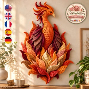 May include: A crochet wall hanging of a phoenix with vibrant orange, red, and yellow yarn feathers. The bird has a curved neck and detailed plumage. A circular logo in the top right corner reads JMSCrochetHub Crochet Patterns.