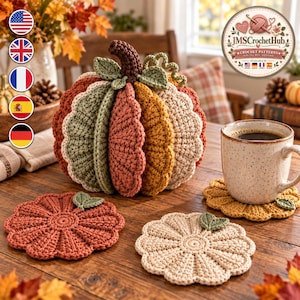 May include: A handmade crochet pumpkin with a dark brown stem and green leaves, featuring alternating ribbed segments in shades of sage green, terracotta, and mustard yellow, accompanied by two matching flat pumpkin-shaped crochet coasters.