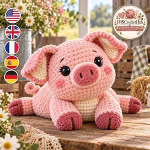 May include: A crocheted pig plush toy featuring a light pink body, a cream-colored belly, and darker pink accents on the snout, ears, and hooves. The pig has large black eyes with long eyelashes, a small curly tail, and a soft, textured yarn finish.