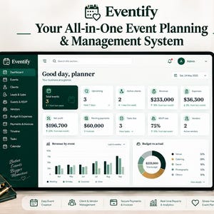 Peut inclure: Une interface de tableau de bord numérique pour Eventify affichée sur une tablette et un smartphone, montrant des mesures de planification d'événements, des revenus et la gestion des tâches. L'interface vert foncé et blanc inclut des graphiques.