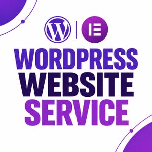 May include: A square graphic with a white background and purple gradient corners. At the top, the WordPress and Elementor logos are displayed. Below, the text reads WORDPRESS WEBSITE SERVICE in large, bold, dark purple capital letters.