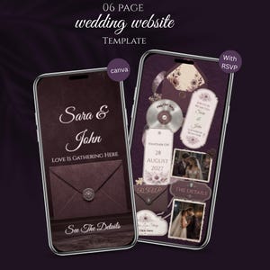Peut inclure: Un modèle de site web de mariage de 06 pages affiché sur deux smartphones. Les écrans présentent des fonds violet foncé avec du texte blanc indiquant Sara & John, Love Is Gathering Here, See The Details et RSVP. Inclut des graphiques floraux, des photos de couple et des enveloppes.