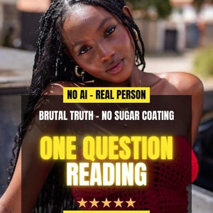 May include: A person with long dark braided hair wearing a red crochet top. Text overlay reads: NO AI - REAL PERSON, BRUTAL TRUTH - NO SUGAR COATING, ONE QUESTION READING, five yellow stars, and SAME HOUR. The person wears gold hoop earrings.