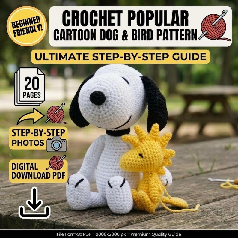 Snoopy Woodstock Amigurumi Crochet Pattern, Cartoon Dog & Bird Plushie ...