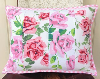 vintage pink roses tablecloth patchwork pillow cover 12x16"