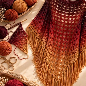 May include: A crochet poncho featuring an ombre gradient from deep burgundy to warm orange, finished with long fringe along the bottom edge. The garment is displayed on a wooden hanger alongside a basket of matching yarn balls and scissors.