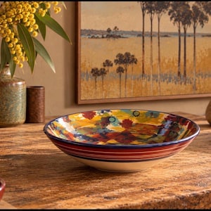 May include: A shallow ceramic bowl featuring a vibrant, multi-coloured abstract pattern on the interior with splashes of yellow, red, and blue, and a series of horizontal red and dark blue stripes encircling the exterior base of the bowl.
