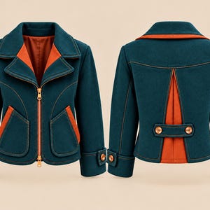 May include: A teal jacket with orange accents, featuring a front zipper closure, two front pockets, and long sleeves with buttoned cuffs. The back displays a central orange panel, a horizontal buttoned tab, and visible topstitching throughout.