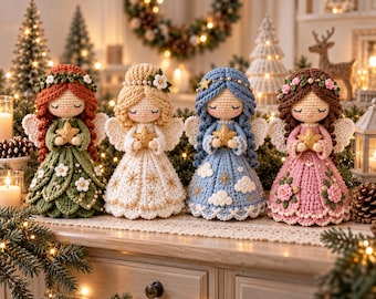 May include: Four handmade crochet angel dolls standing in a row. Each doll features a unique dress color: green, white, blue, and pink. They have yarn hair, white wings, and hold a small gold star. The dolls are decorated with flowers, pearls, and embroidery.