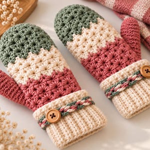 Puede incluir: Un par de manoplas de ganchillo con un patrón de bloques de color verde salvia, crema y rosa viejo. Las manoplas tienen un puño acanalado de color crema acentuado con un borde trenzado y un botón de madera. El pulgar es de color rosa viejo.