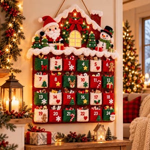 Mönster för virkat julkalender, adventskalender för julhus i PDF-format, nedräkning till virkad jul med 24 fickor, juldekorationer, digitalt mönster