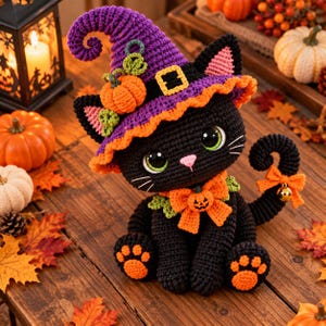 May include: A black crocheted cat doll wearing a purple witch hat with an orange brim, a yellow buckle, and a small orange pumpkin. The cat has large green eyes, a pink nose, an orange bow tie with a pumpkin face, and orange paw pads.