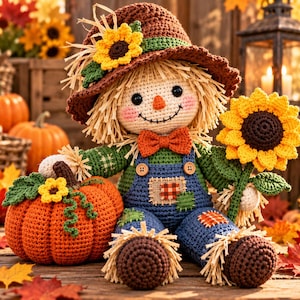 May include: A crocheted scarecrow doll wearing a brown hat with a yellow sunflower, a green shirt, and blue overalls with a plaid patch. The doll has a stitched smile, pink cheeks, and a bow tie, holding a large orange pumpkin and a sunflower.