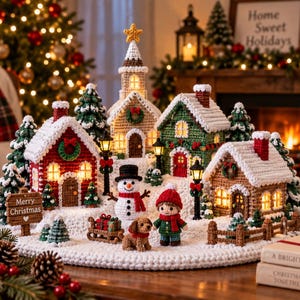 May include: A crochet Christmas village display featuring a central church, three houses, a snowman, a child figure, and a dog. The scene includes miniature trees, street lamps, a sled with gifts, and a sign that reads Merry Christmas.