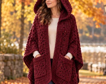 Crochet Hooded Pocket Shawl Pattern, Adult Wrap with Hood and Pockets, Winter Crochet, Long Hooded Shawl PDF