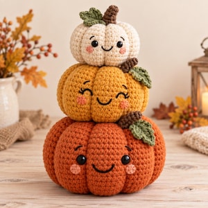 May include: A stack of three crocheted pumpkins in cream, yellow, and orange. Each pumpkin features a smiling face with black eyes, a stitched mouth, and pink cheeks. The pumpkins are topped with small brown stems and green crocheted leaves.