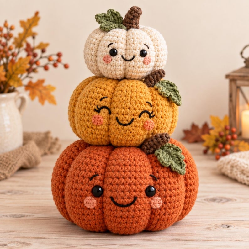 Peut inclure: Une pile de trois citrouilles au crochet de couleur cr&egrave;me, jaune et orange. Chaque citrouille pr&eacute;sente un visage souriant avec des yeux noirs, une bouche brod&eacute;e et des joues roses. Elles sont surmont&eacute;es de tiges brunes et de feuilles vertes.