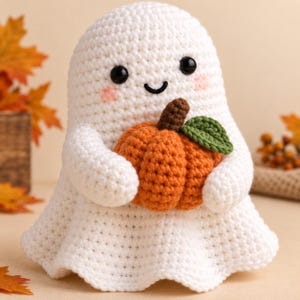 Puede incluir: Un juguete de peluche de fantasma tejido a ganchillo en color blanco con ojos de plástico negro y mejillas cosidas en rosa. El fantasma sostiene una pequeña calabaza tejida en naranja con un tallo marrón y una hoja verde.