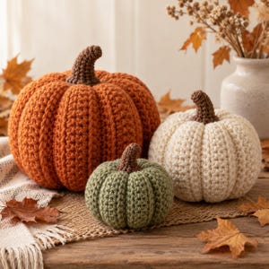 May include: Three handmade crochet pumpkins in varying sizes and colours. One large pumpkin is burnt orange, one medium pumpkin is cream, and one small pumpkin is sage green. Each pumpkin features a textured ribbed pattern and a brown stem.