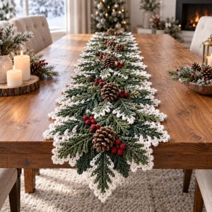 May include: A long, crocheted table runner featuring a pattern of dark green pine branches with white-tipped edges, accented by clusters of small red berries and brown pinecones arranged symmetrically along the center of the textile piece.