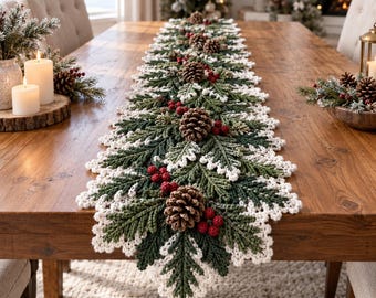 Modèle de chemin de table au crochet motif pin givré, décoration de table hivernale et de Noël, centre de table pomme de pin et baies (PDF)