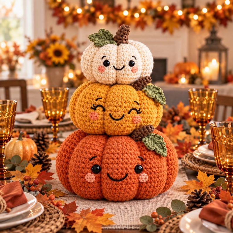 Peut inclure: Une pile de trois citrouilles au crochet avec des visages souriants. La citrouille du haut est cr&egrave;me, celle du milieu est jaune orang&eacute; et celle du bas est orange. Chaque citrouille a des yeux noirs, une bouche, des joues roses et une feuille.