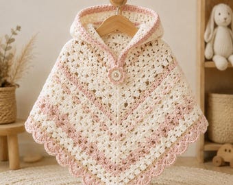 Poncho bébé à capuche au crochet, poncho bébé au crochet, poncho bébé au crochet, cape bébé au crochet, poncho festonné, poncho bébé rayé (PDF)