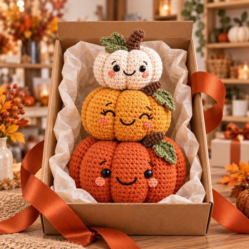 Peut inclure: Une pile de trois citrouilles au crochet dans une bo&icirc;te cadeau en carton doubl&eacute;e de papier de soie blanc. Les citrouilles sont blanches, jaunes et orange, chacune avec un visage souriant, des yeux noirs, une bouche brod&eacute;e et des joues roses.
