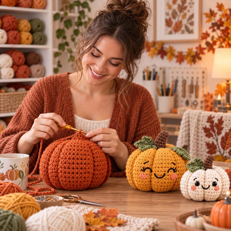 Peut inclure: Une citrouille au crochet couleur rouille, une citrouille jaune au crochet avec un visage souriant et une petite citrouille blanche au crochet avec un visage souriant. Les citrouilles pr&eacute;sentent des mailles textur&eacute;es, des tiges marron et des feuilles vertes.