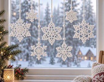 Modèle de flocon de neige à crocheter pour fenêtre, décoration murale de Noël, suspension hivernale, ensemble de flocons de neige (PDF)