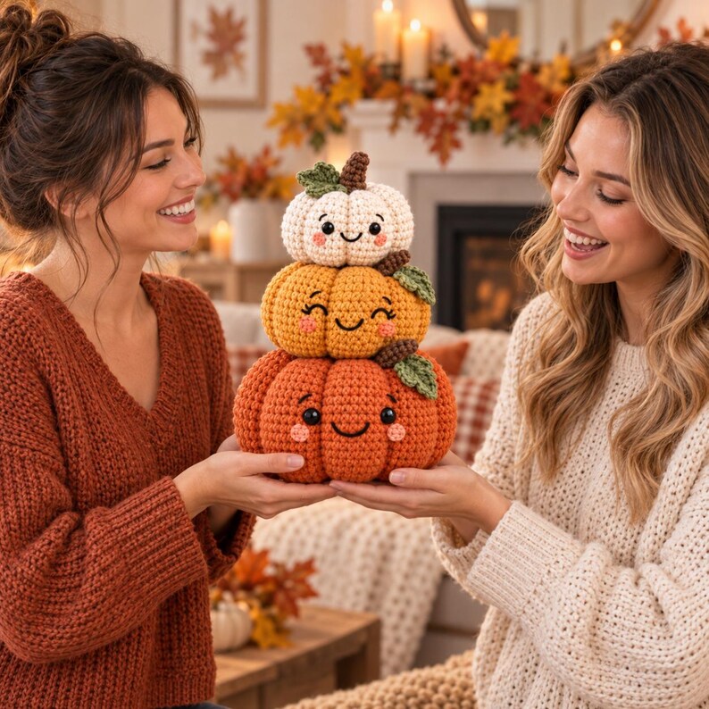 Peut inclure: Une pile de trois citrouilles au crochet avec des visages souriants. La citrouille du haut est cr&egrave;me, celle du milieu est orange et celle du bas est une citrouille orange plus grande. Chaque citrouille a une tige brune et une feuille verte.