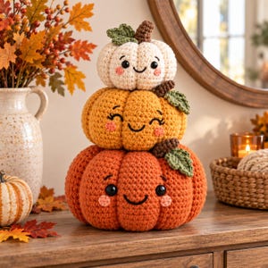 Peut inclure: Une pile de trois citrouilles au crochet de couleur cr&egrave;me, jaune dor&eacute; et orange. Chaque citrouille pr&eacute;sente un visage souriant avec des yeux noirs, une bouche brod&eacute;e et des joues roses. Chacune poss&egrave;de une tige brune et une feuille verte.
