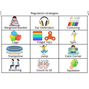 May include: A grid chart titled Regulation strategies featuring twelve illustrations with labels: Weighted Blanket, Ear Defenders, Colouring, Lego, Fidget Toys, Spin, Trampoline, Jump, Calm Corner, Breathing, Count to 10, and Squeeeze, each depicting a specific activity.