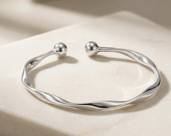 925 Sterling Silver Twisted Cuff Bracelet, Adjustable Wave Bangle