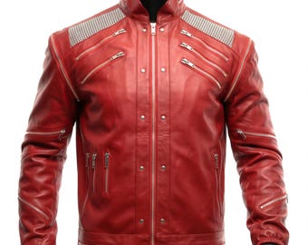 Halloween Jacket, Red Leather Jacket Men, Studded Biker Jacket, Zipper Cosplay Jacket, Celebrity Jacket, Removable Sleeves Leather Costume